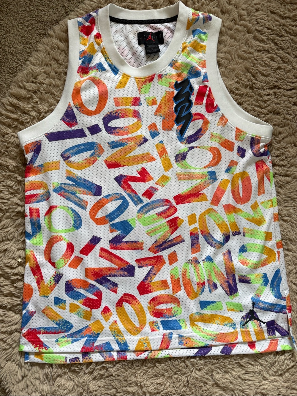 Jordan White Mesh Tank with Multicolor Spray Lettering